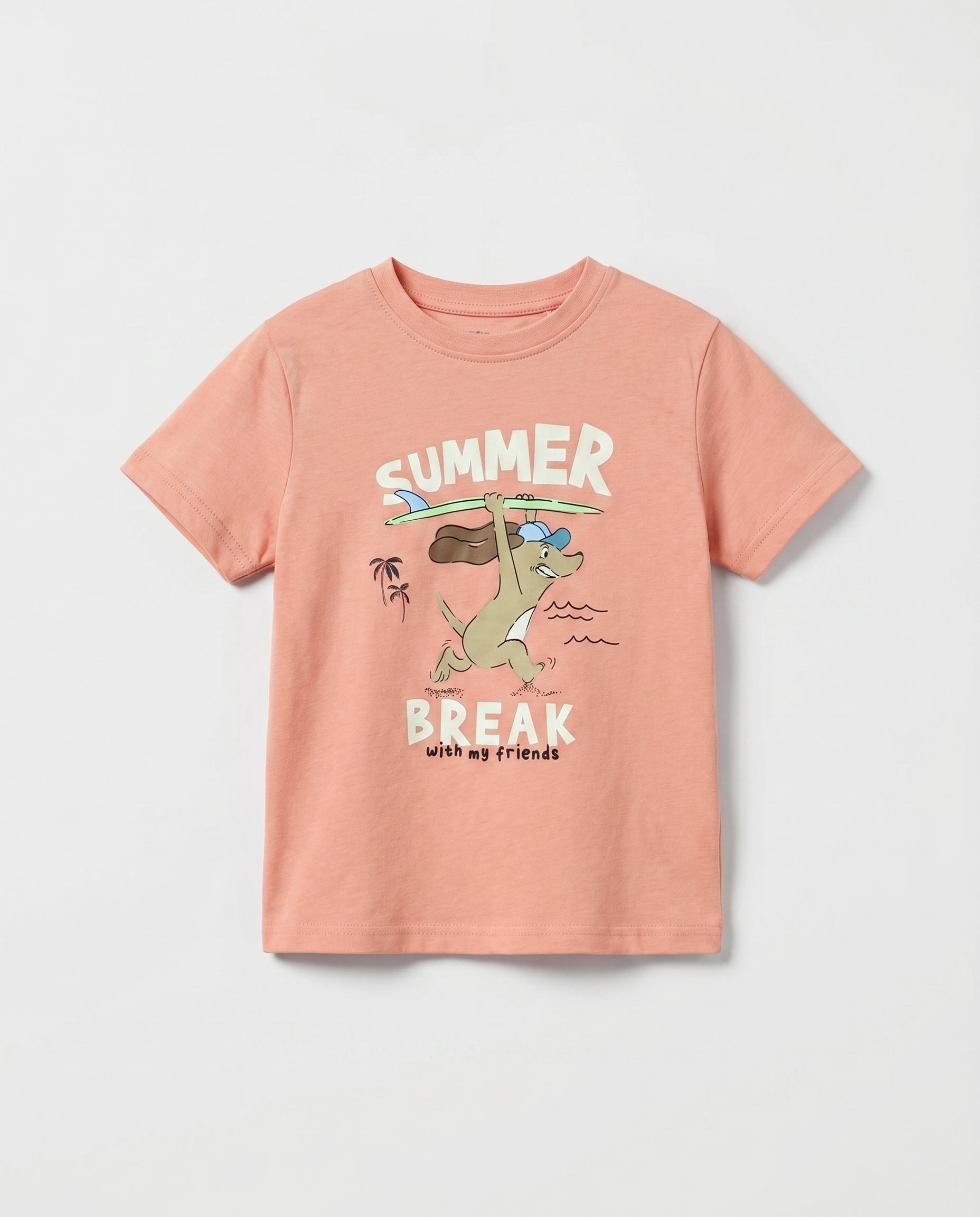 kid's salmon pink short sleeve cotton t-shirt with cartoon surfing animal, beach scene, and "Summer Break with my friends" graphic print on front, flat lay on light grey background