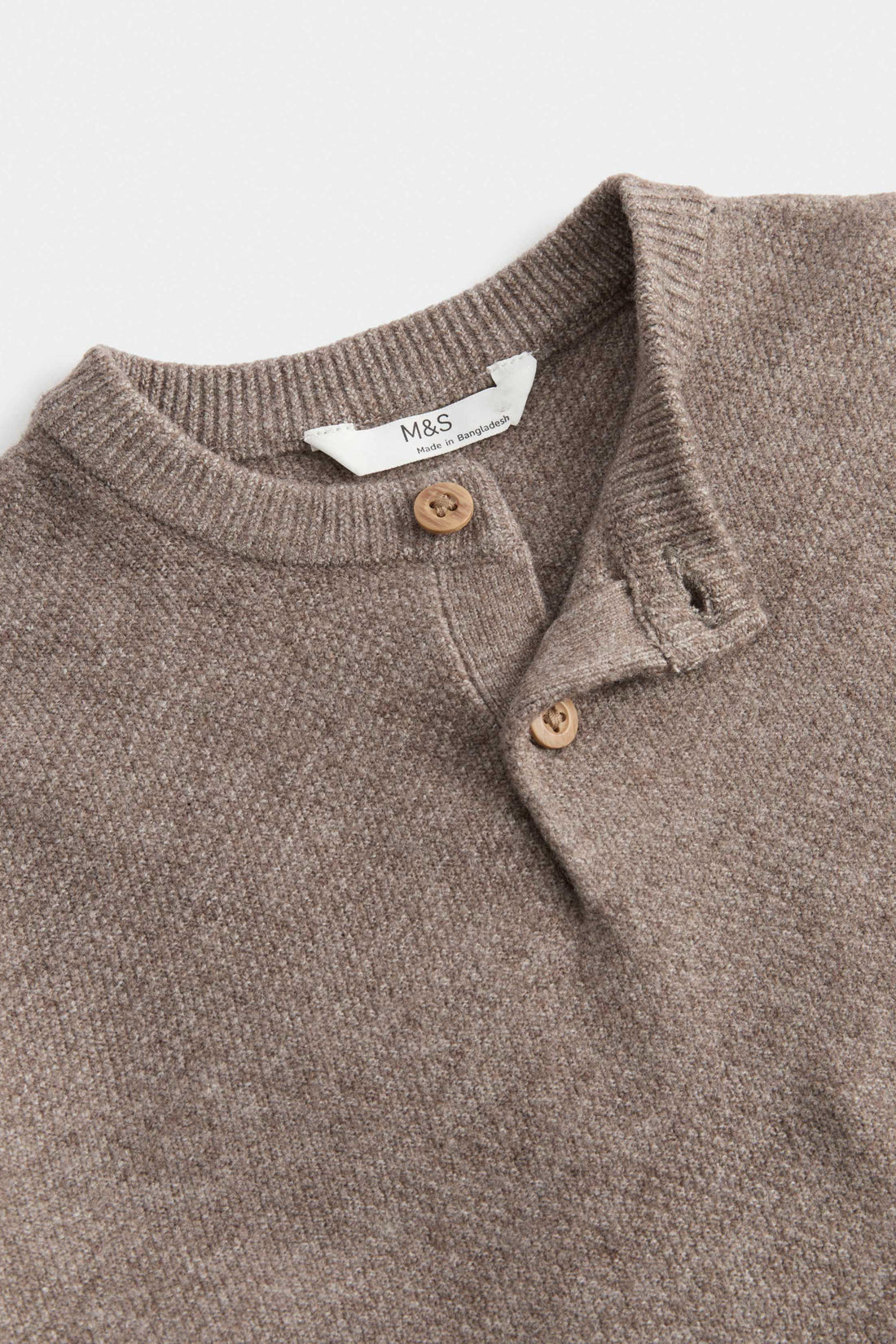 PTex Fashion kids’ mocha henley knit sweater with two-button placket, front flat-lay view