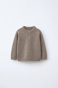 PTex Fashion kids’ mocha henley knit sweater with two-button placket, front flat-lay view