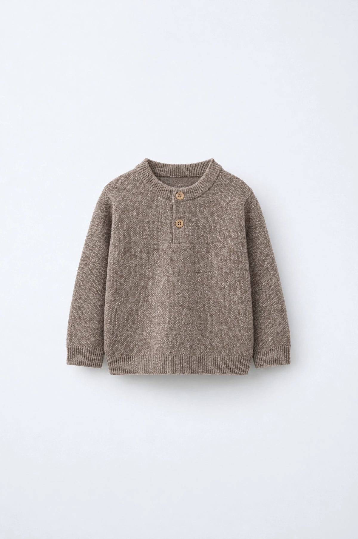 PTex Fashion kids’ mocha henley knit sweater with two-button placket, front flat-lay view