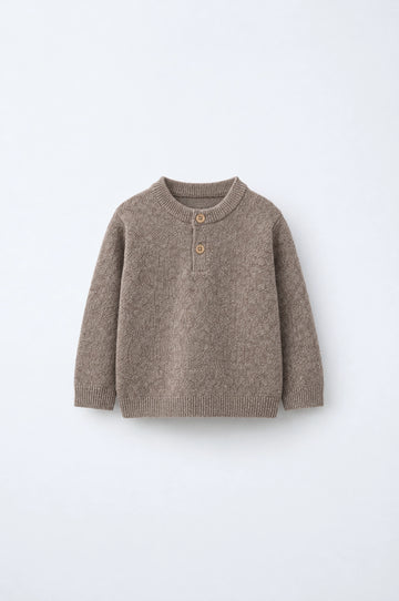 PTex Fashion kids’ mocha henley knit sweater with two-button placket, front flat-lay view