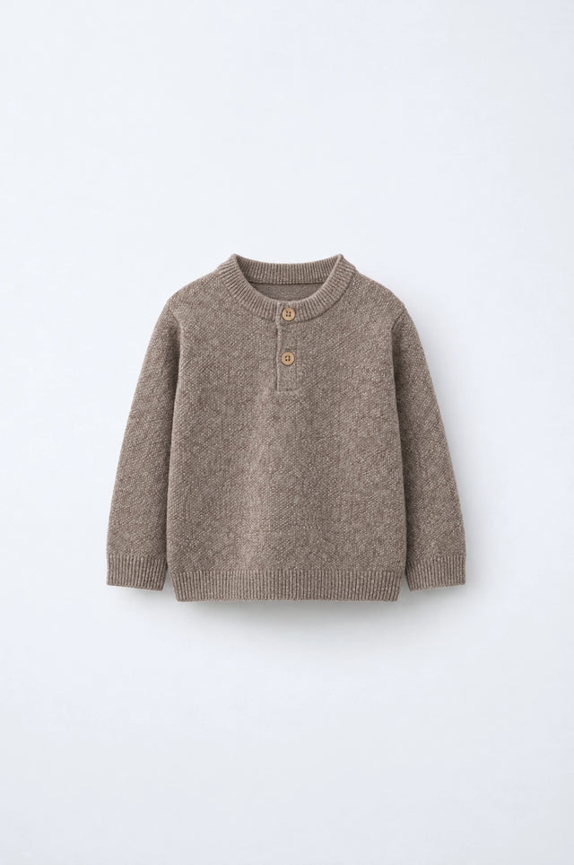 PTex Fashion kids’ mocha henley knit sweater with two-button placket, front flat-lay view