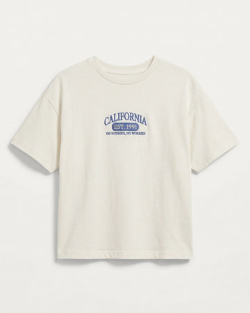 Kid's Off White Cotton Drop Shoulder Embroidered T-Shirt