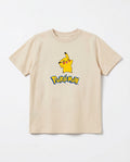 Flat lay of a cream boys' short-sleeve t-shirt with Pikachu character graphic and bold cartoon logo print on the chest