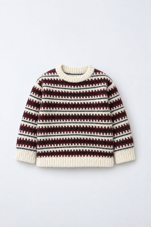PTex Fashion kids’ burgundy and cream jacquard knit crew-neck sweater, front flat lay