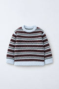 PTex Fashion kids’ striped jacquard knit sweater in ice blue, burgundy and forest green, front flat lay