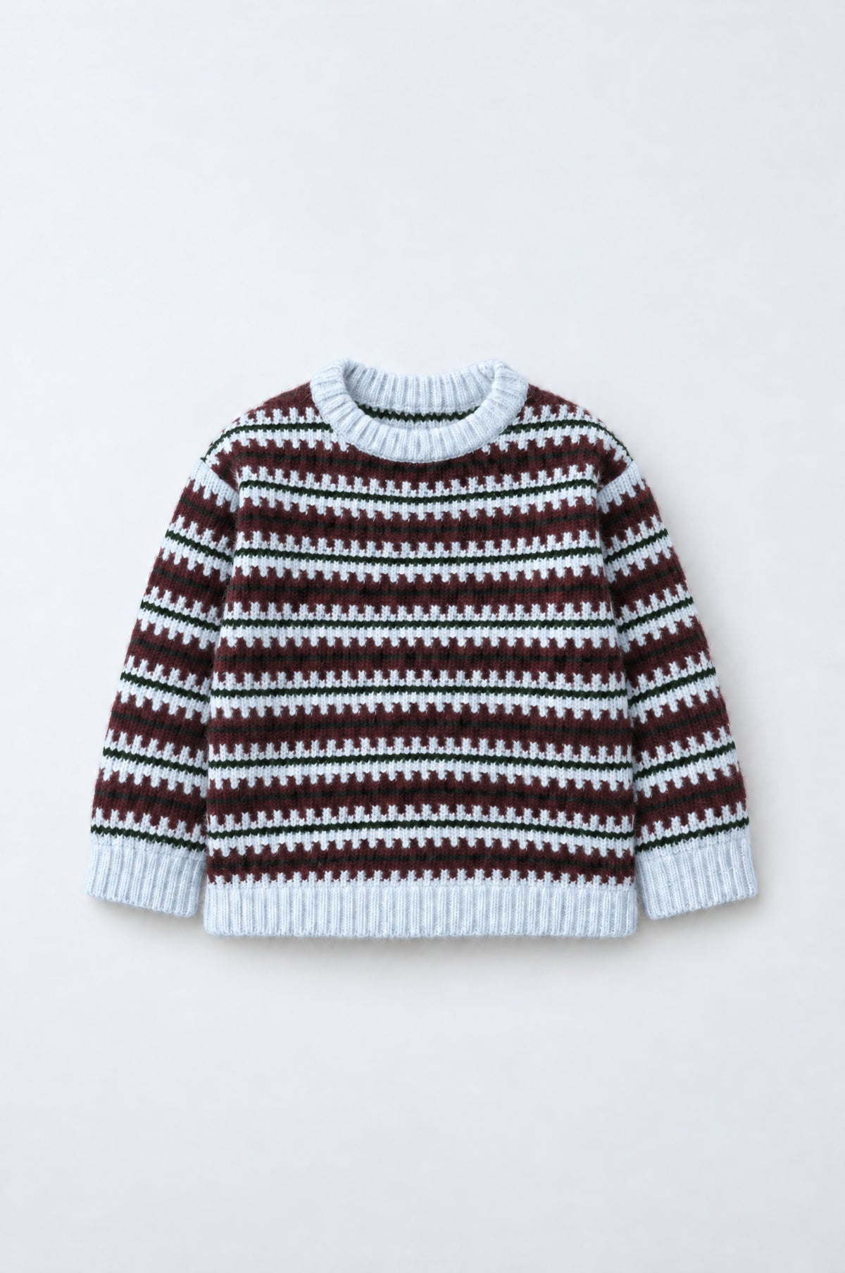 PTex Fashion kids’ striped jacquard knit sweater in ice blue, burgundy and forest green, front flat lay