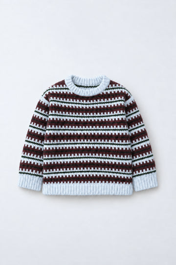 PTex Fashion kids’ striped jacquard knit sweater in ice blue, burgundy and forest green, front flat lay