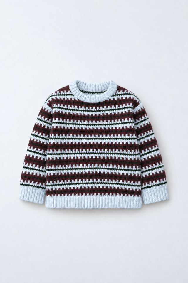 PTex Fashion kids’ striped jacquard knit sweater in ice blue, burgundy and forest green, front flat lay