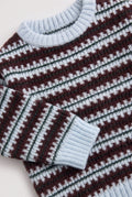Close-up of the PTex Fashion kids’ ice blue and burgundy jacquard knit sweater showing the ribbed crew neck and cuff