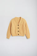 PTex Fashion girls’ mustard yellow chenille cable knit boxy cardigan, front flat lay with four buttons