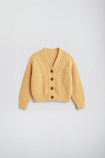 PTex Fashion girls’ mustard yellow chenille cable knit boxy cardigan, front flat lay with four buttons
