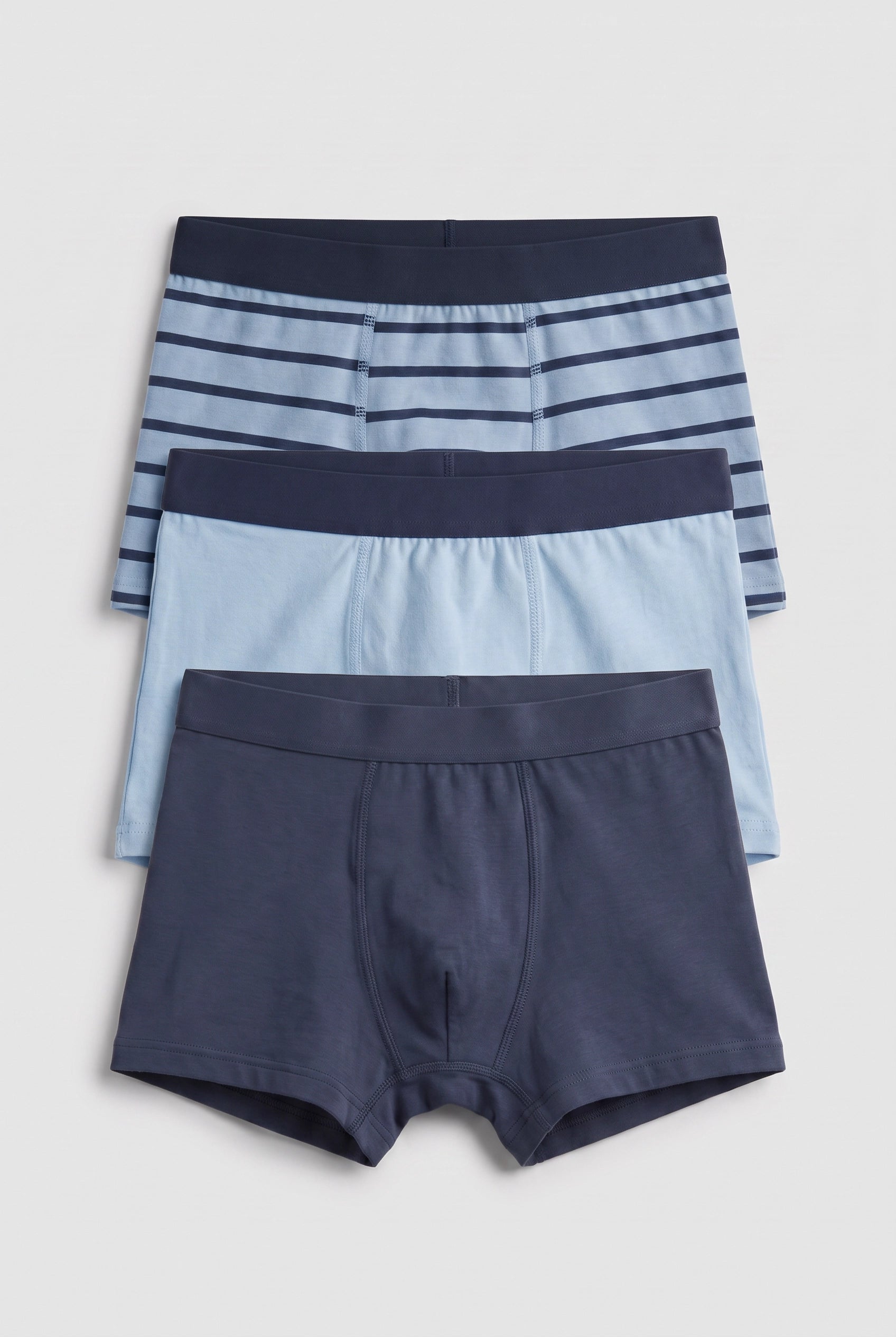 PTex Fashion boys' 3-pack cotton stretch boxer briefs flat lay in navy stripe, plain light blue and solid slate blue