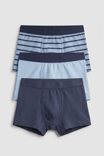 PTex Fashion boys' 3-pack cotton stretch boxer briefs flat lay in navy stripe, plain light blue and solid slate blue