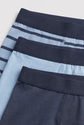 PTex Fashion boys' 3-pack cotton boxer briefs close-up showing navy covered elastic waistbands and flat seam stitching in navy stripe, light blue and slate blue
