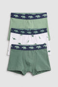Pack of 3 boys' cotton boxer briefs in sage green, white dinosaur print and deep green from PTex Fashion