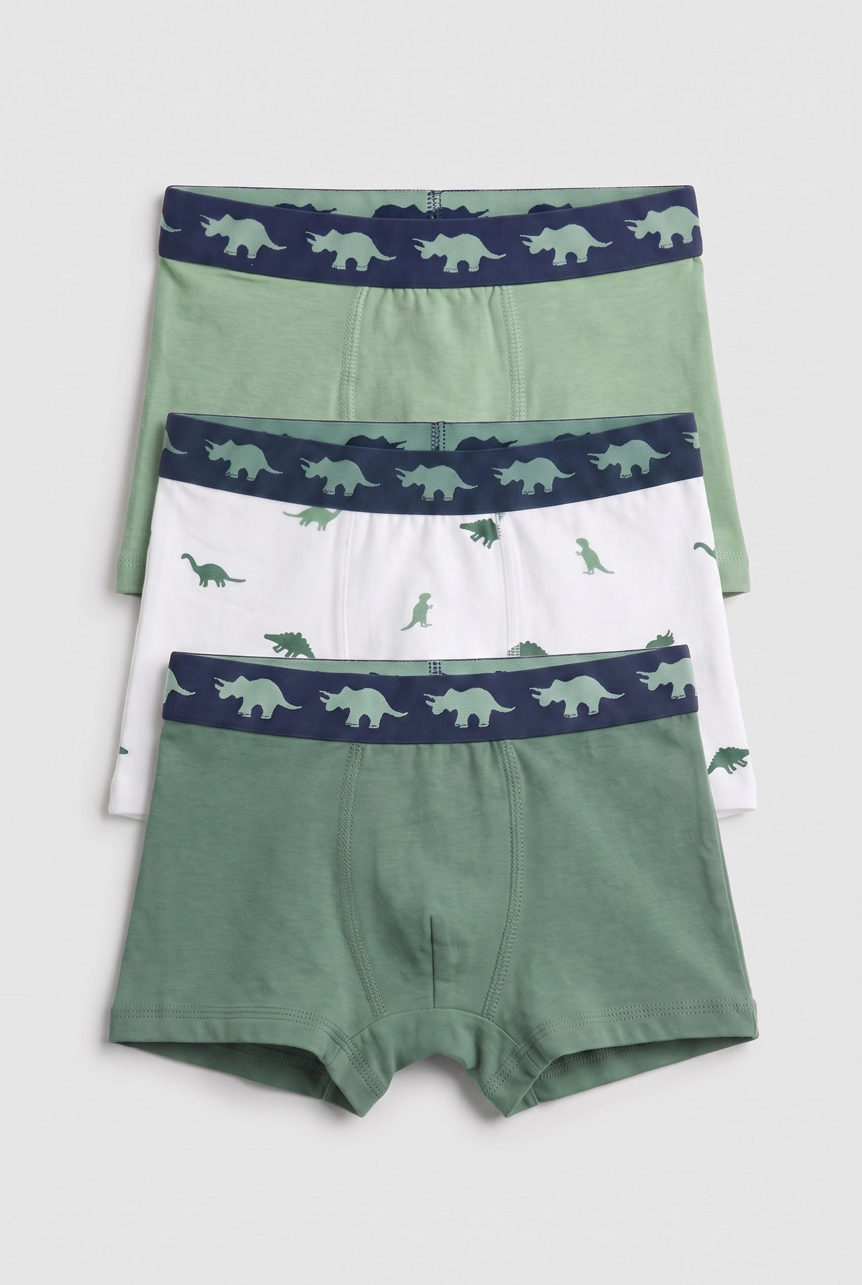 Pack of 3 boys' cotton boxer briefs in sage green, white dinosaur print and deep green from PTex Fashion