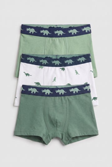 Pack of 3 boys' cotton boxer briefs in sage green, white dinosaur print and deep green from PTex Fashion