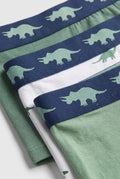 Close-up of navy dinosaur-print waistbands on boys' green and white cotton boxer briefs from PTex Fashion