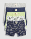  Pack of 5 boys' ribbed boxer briefs laid flat — grey marl, navy, lime green, white dino print, and navy dino print with dinosaur label patches