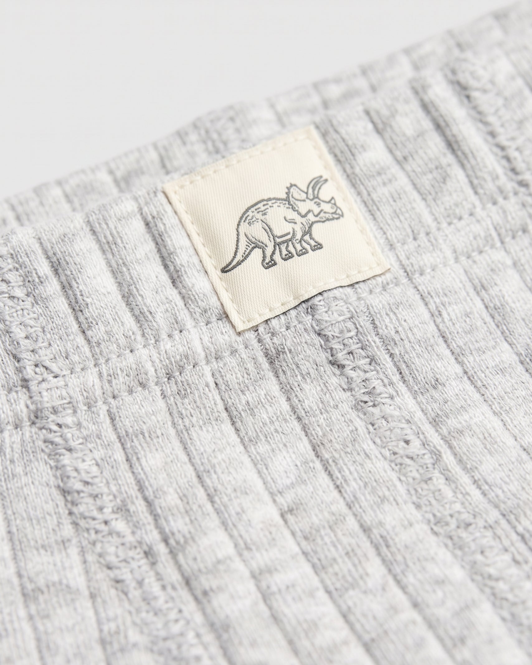 Close-up of grey marl ribbed fabric with woven triceratops dinosaur label on boys' boxer briefs