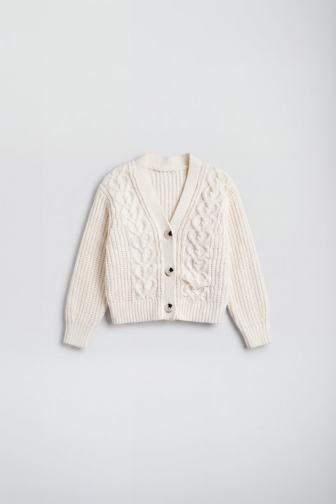 PTex Fashion girls’ ivory chenille cable knit boxy cardigan, front flat lay with three buttons