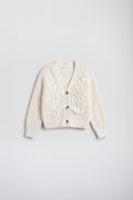 PTex Fashion girls’ ivory chenille cable knit boxy cardigan, front flat lay with three buttons