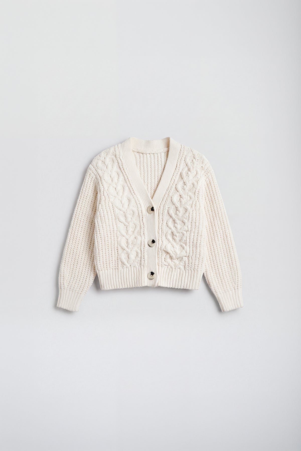 PTex Fashion girls’ ivory chenille cable knit boxy cardigan, front flat lay with three buttons