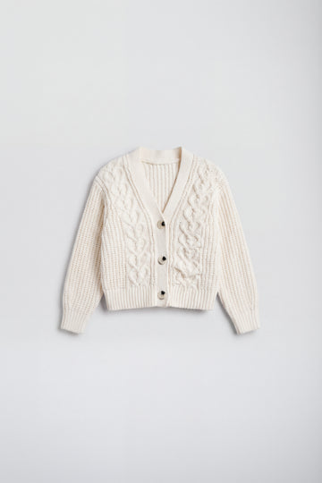 PTex Fashion girls’ ivory chenille cable knit boxy cardigan, front flat lay with three buttons