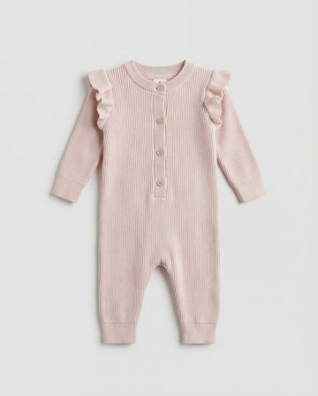 Ribbed Knit Ruffle Shoulder Romper - Soft Blush Pink