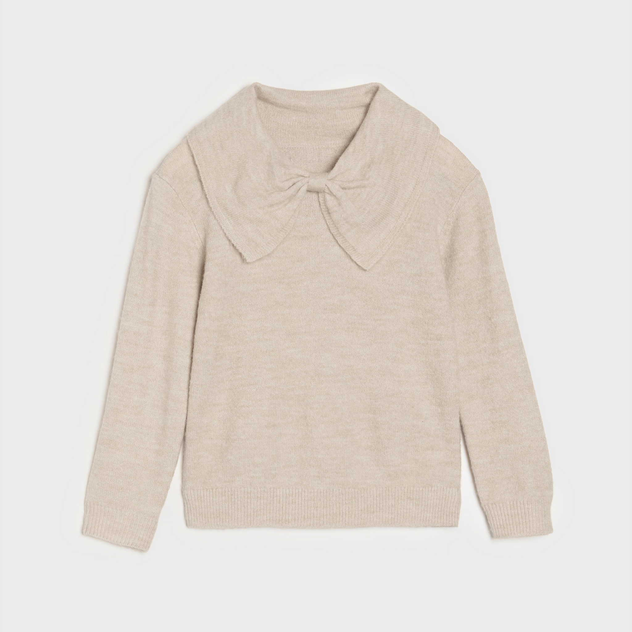 Girl's Beige Knit Sweater with Bow Collar