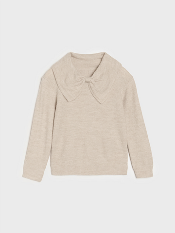 Girl's Beige Knit Sweater with Bow Collar