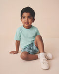 toddler boy wearing a mint blue t-shirt and short pant