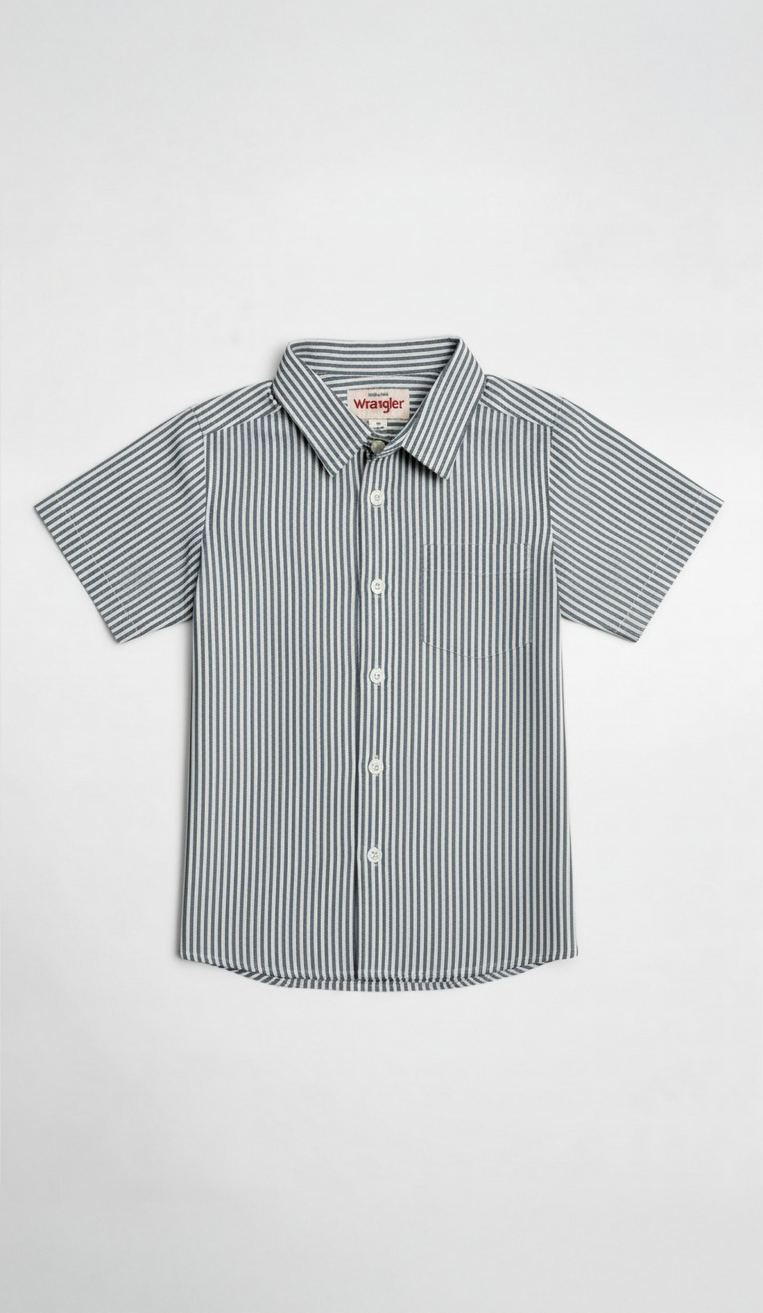 Young boy wearing a striped shirt standing against a white wall with greenery.