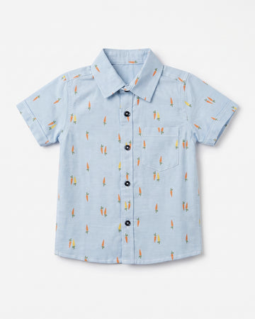 Boy's Pure Oxford Cotton Shirt - Sky Blue, Carrot Print