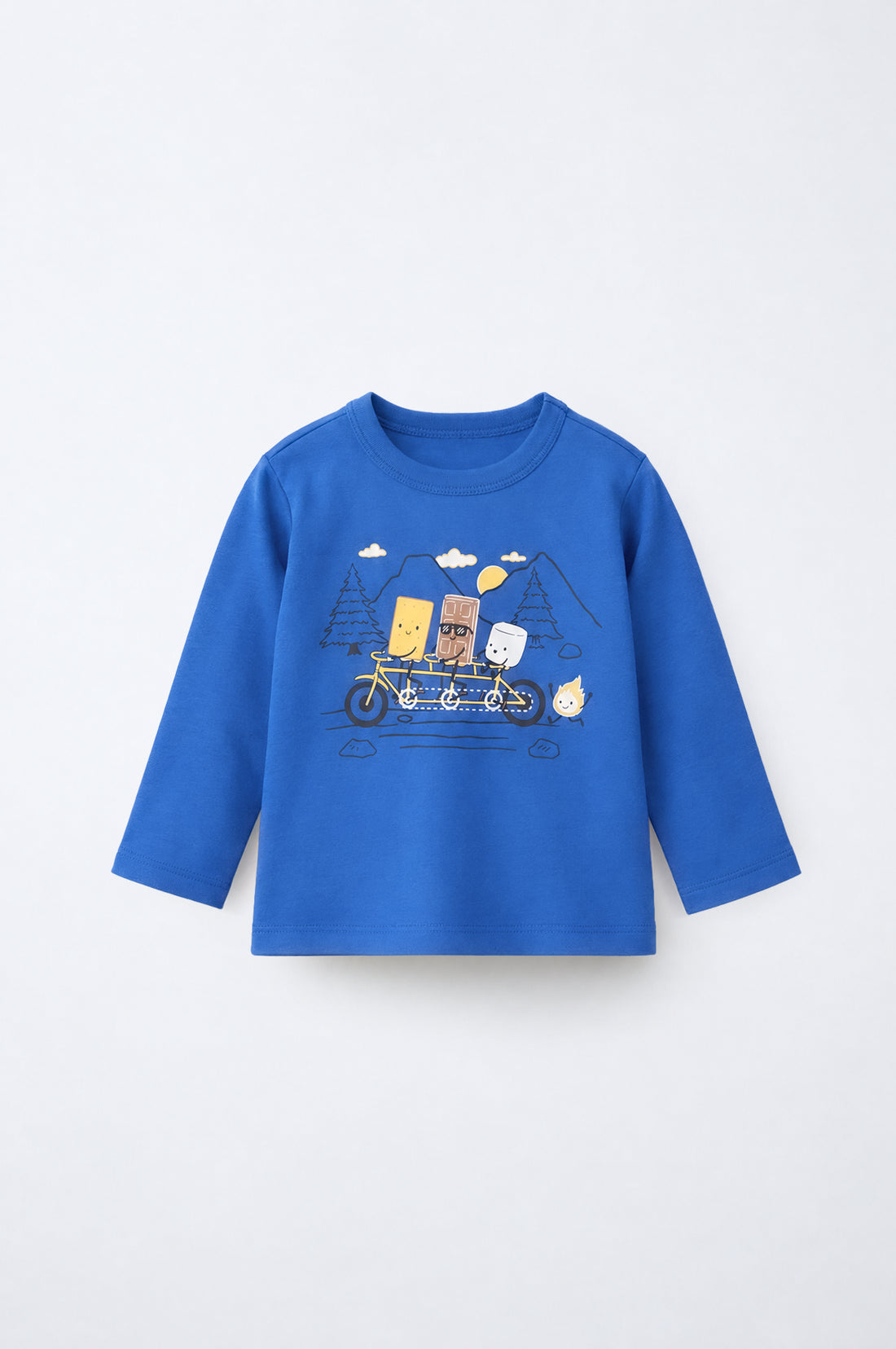 PTex Fashion royal blue full sleeve cotton baby tshirt with snack friends tandem bike graphic