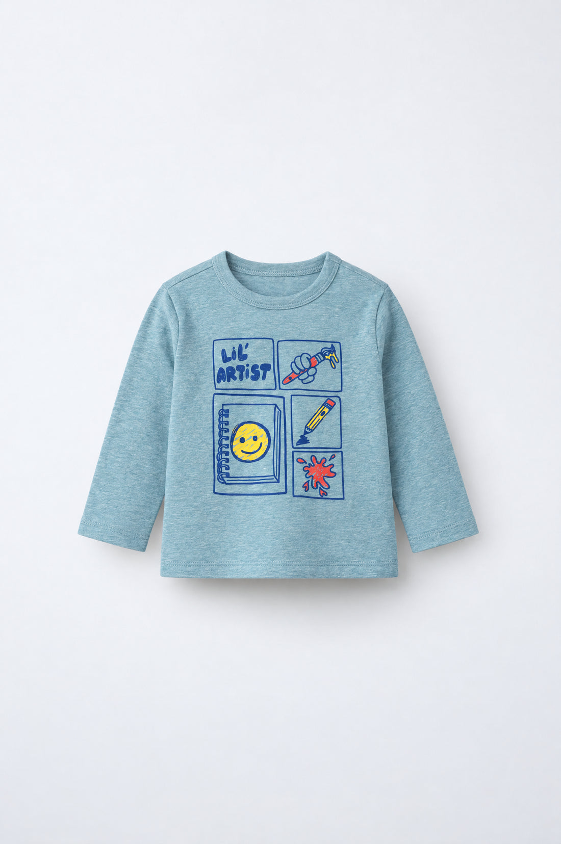 PTex Fashion heathered dusty blue full sleeve cotton baby tshirt with Lil’ Artist panel graphic print