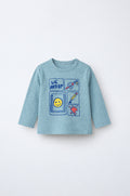 PTex Fashion heathered dusty blue full sleeve cotton baby tshirt with Lil’ Artist panel graphic print
