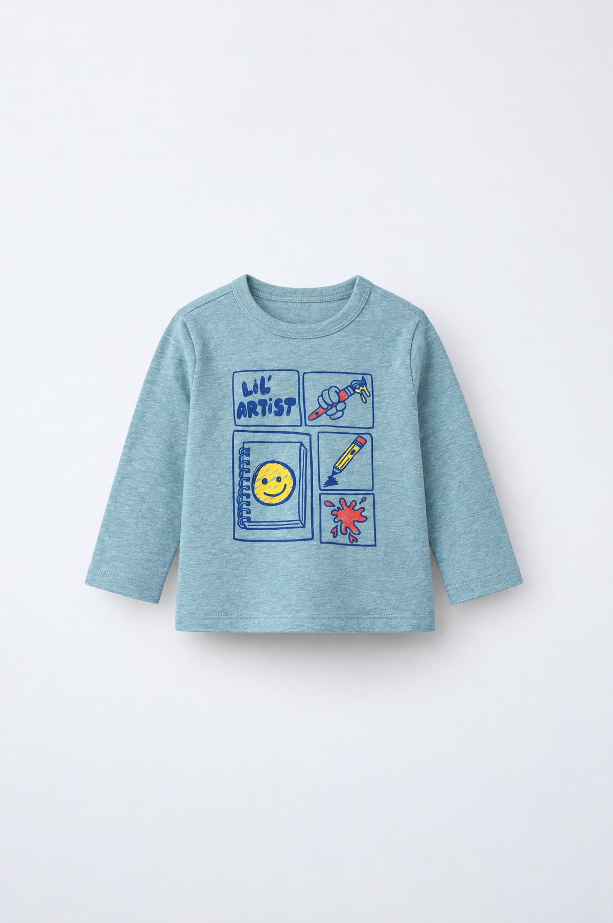 PTex Fashion heathered dusty blue full sleeve cotton baby tshirt with Lil’ Artist panel graphic print