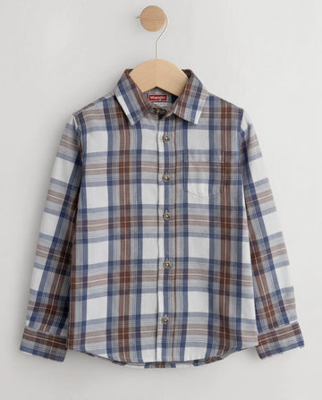 Plaid toddler shirt on a hanger against a white background