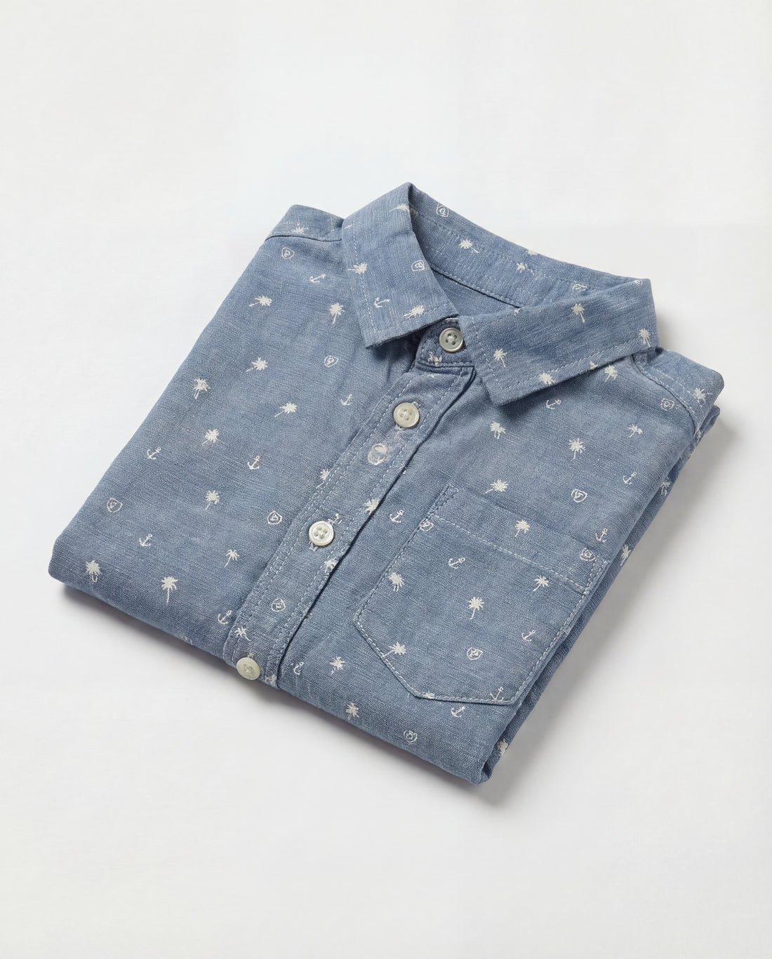 Chambray Cotton Toddler Half- Sleeve Shirt | Nautical Palm & Anchor Print