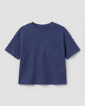 Full flat lay front view:
Toddler drop shoulder waffle knit t-shirt in navy blue displayed flat lay on a white background, showing a relaxed boxy fit, ribbed crew neckline, short sleeves with ribbed cuffs, and a single chest patch pocket.