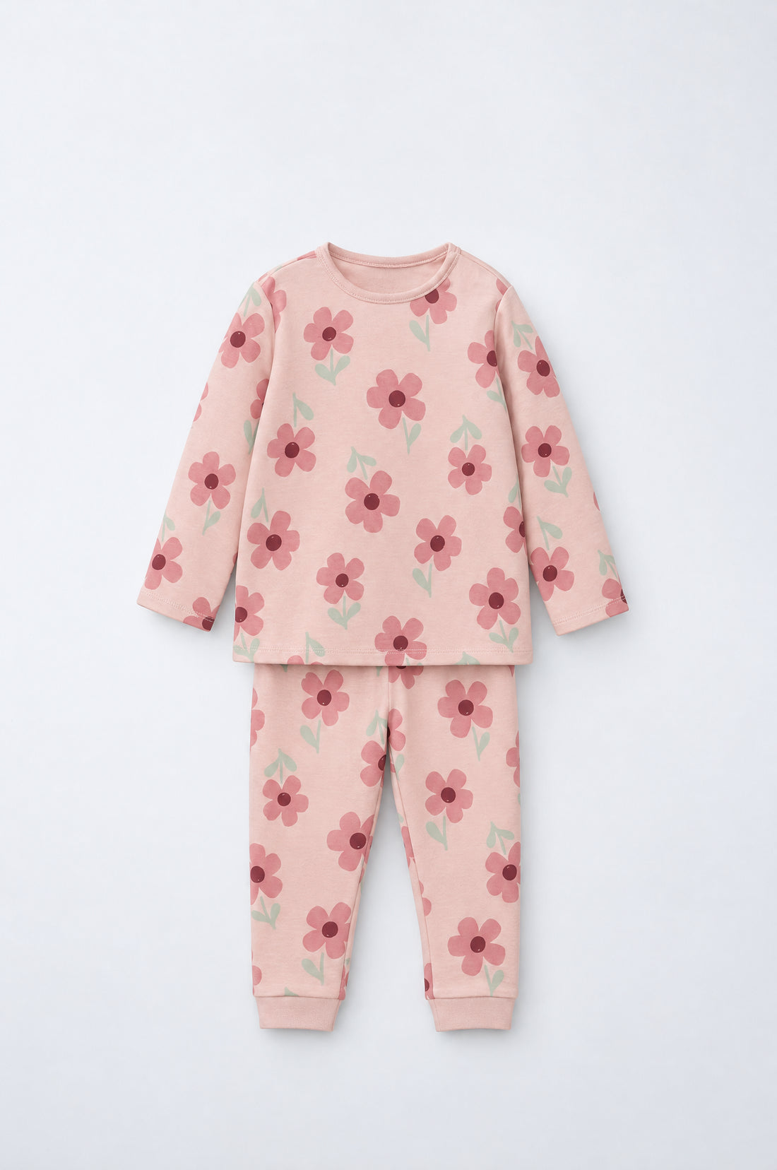 PTex Fashion baby girl dusty pink floral cotton t-shirt set with long-sleeve top and cuffed jogger, flat lay