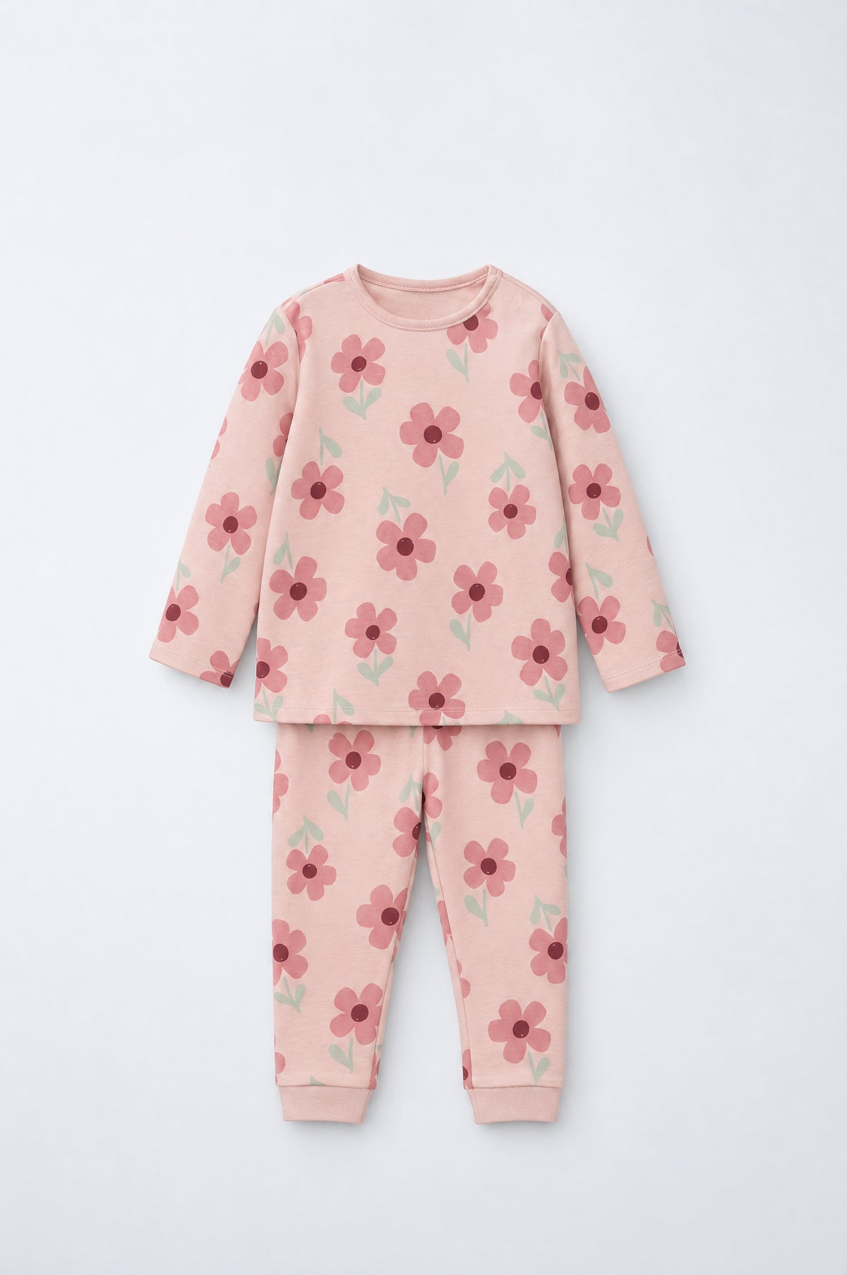 PTex Fashion baby girl dusty pink floral cotton t-shirt set with long-sleeve top and cuffed jogger, flat lay
