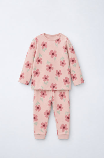 PTex Fashion baby girl dusty pink floral cotton t-shirt set with long-sleeve top and cuffed jogger, flat lay