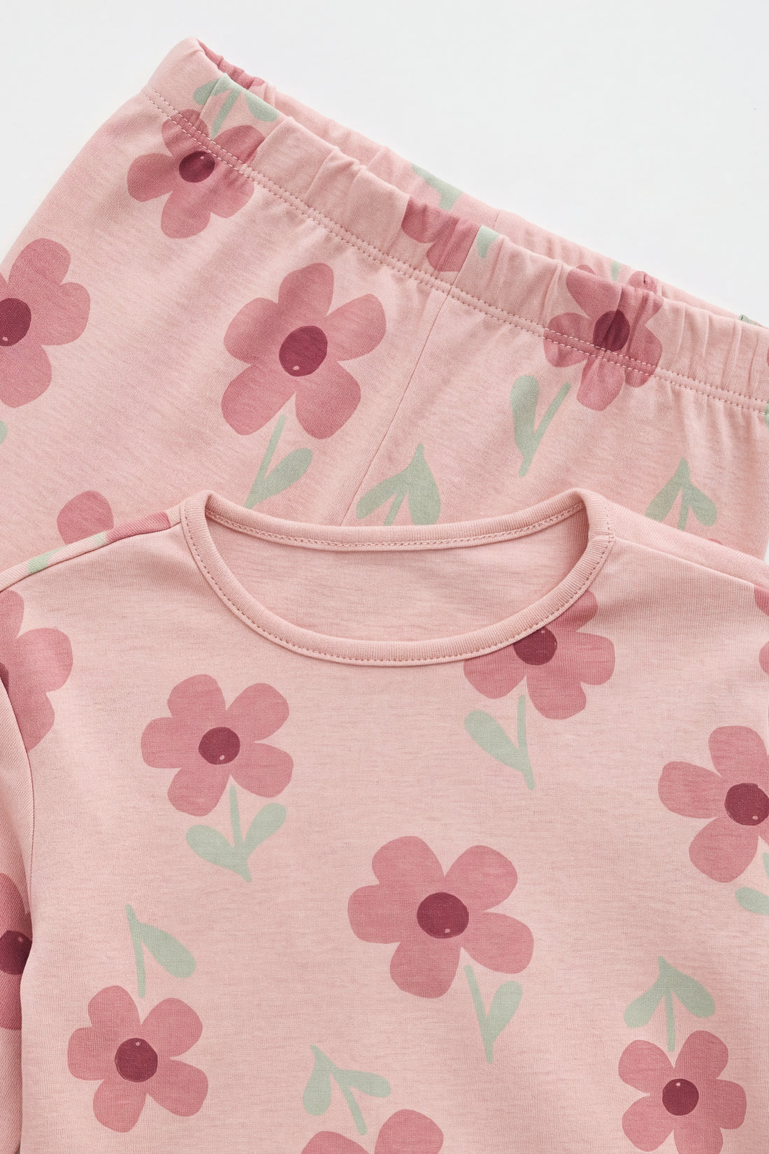 PTex Fashion baby girl dusty pink floral cotton t-shirt set with long-sleeve top and cuffed jogger, flat lay