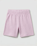 Toddler girls' waffle-knit cotton short pants in pink lilac with a wide elasticated waistband, laid flat on a light grey background.