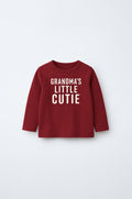PTex Fashion cranberry red full sleeve cotton baby tshirt with Grandma’s Little Cutie slogan print