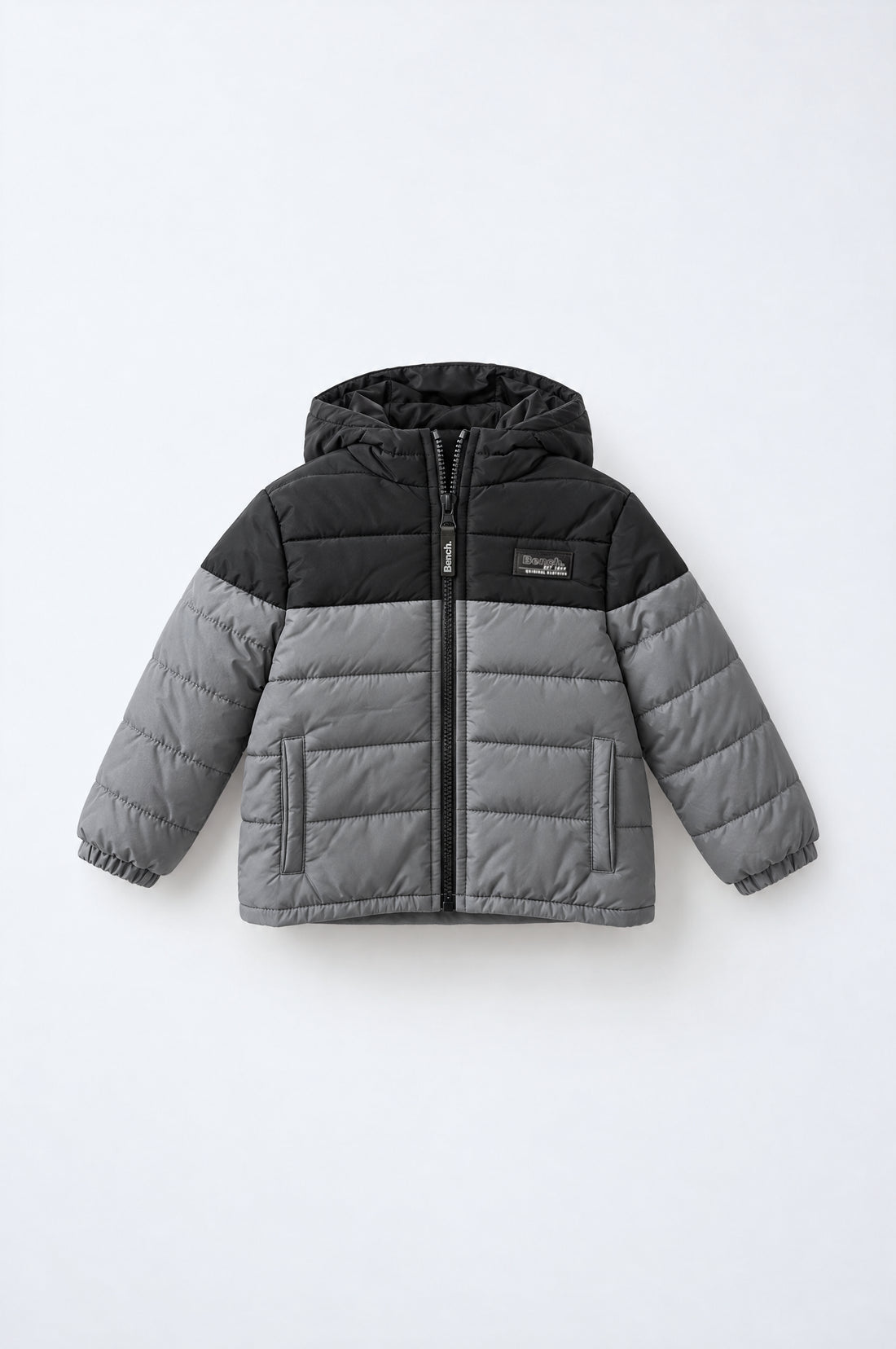 Flat lay of the PTex Fashion toddler boy 3-piece set: padded puffer jacket, long-sleeve tee and cargo joggers
toddler_padded_jacket: PTex Fashion toddler hooded padded puffer jacket in black and grey colour-block with full zip