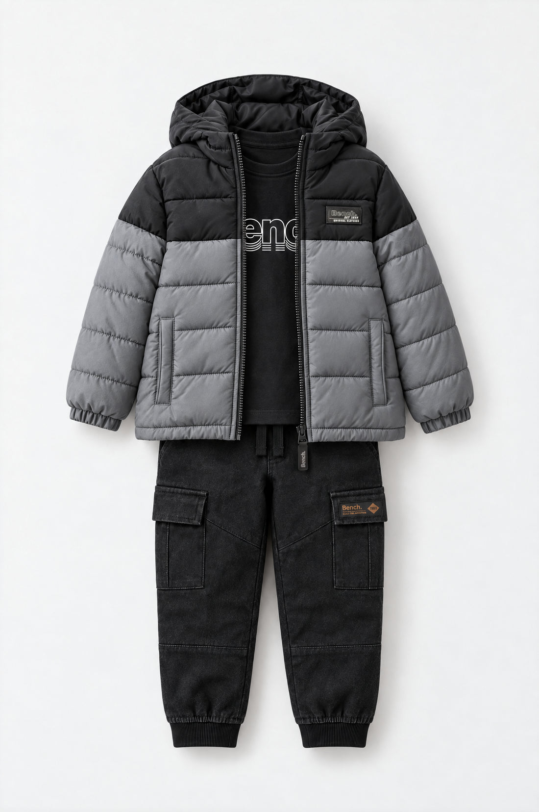 Flat lay of the PTex Fashion toddler boy 3-piece set: padded puffer jacket, long-sleeve tee and cargo joggers
toddler_padded_jacket: PTex Fashion toddler hooded padded puffer jacket in black and grey colour-block with full zip